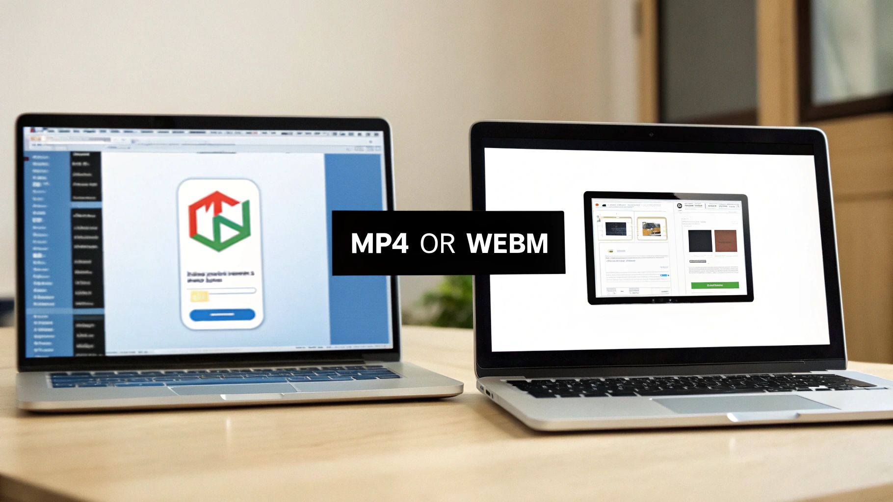 Two laptops display different digital content on their screens, overlaid with a 'MP4 OR WEBM' banner.