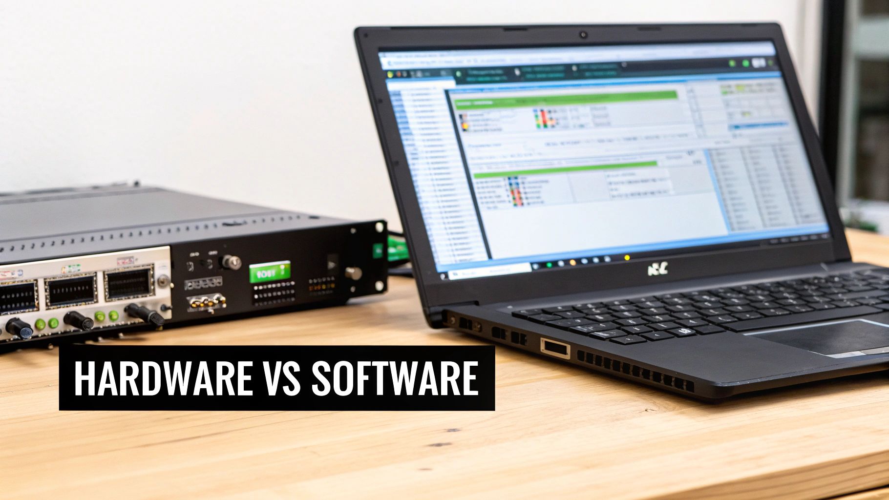 Two different video encoder setups, one showing dedicated hardware and the other a software interface on a computer screen.