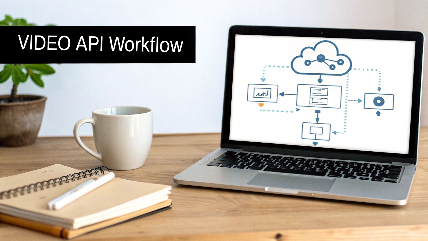 A desk with a laptop displaying a 'Video API Workflow' diagram, next to a mug and notebooks.