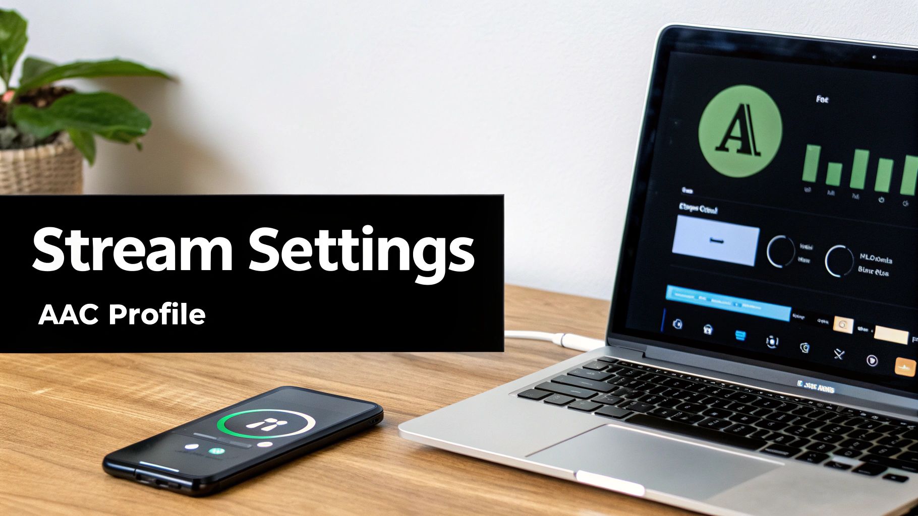 A laptop and smartphone on a wooden desk with "Stream Settings" and "AAC Profile" text overlay.