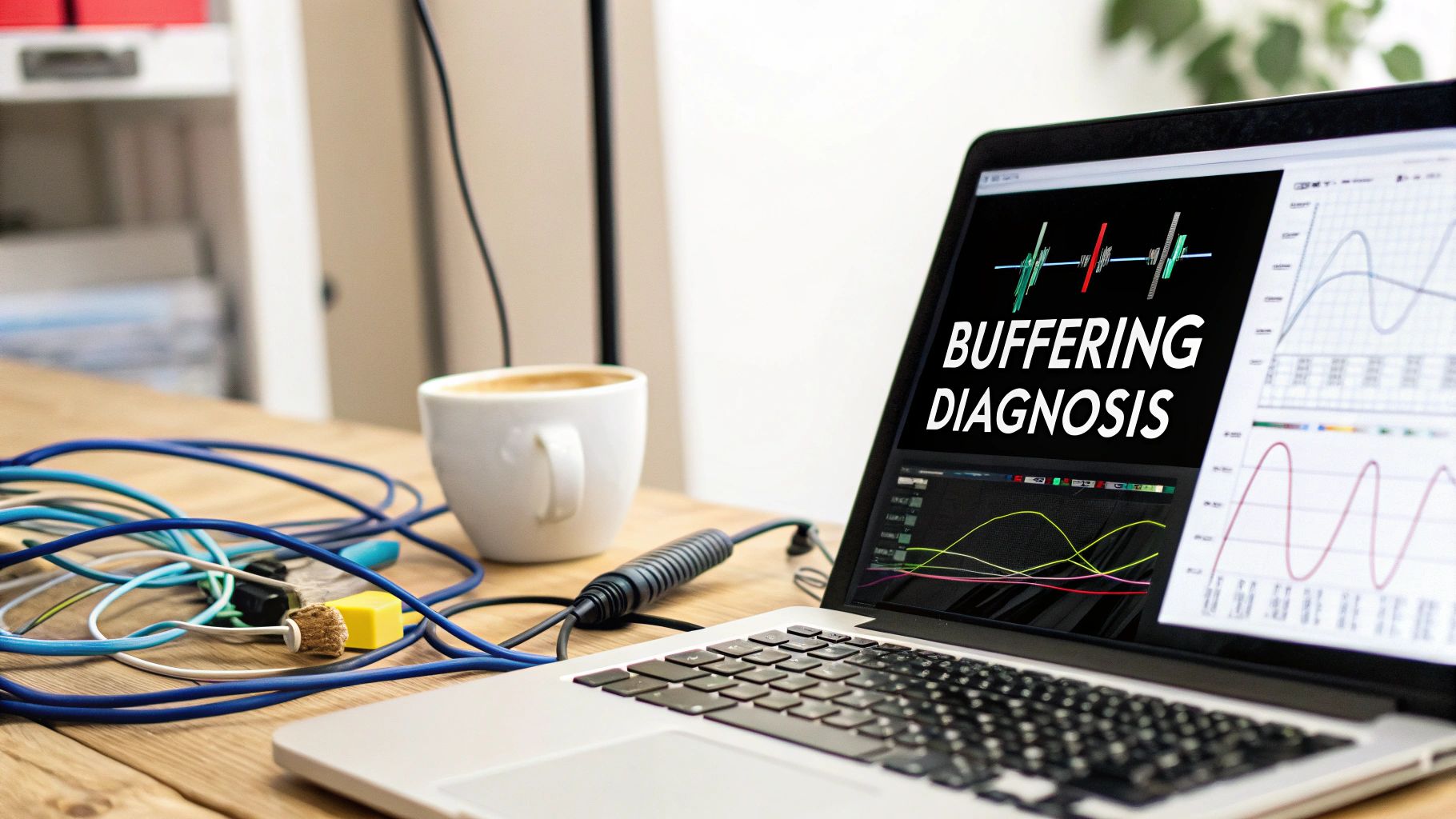 Laptop displaying buffering diagnosis waveforms with network cables and testing equipment on desk