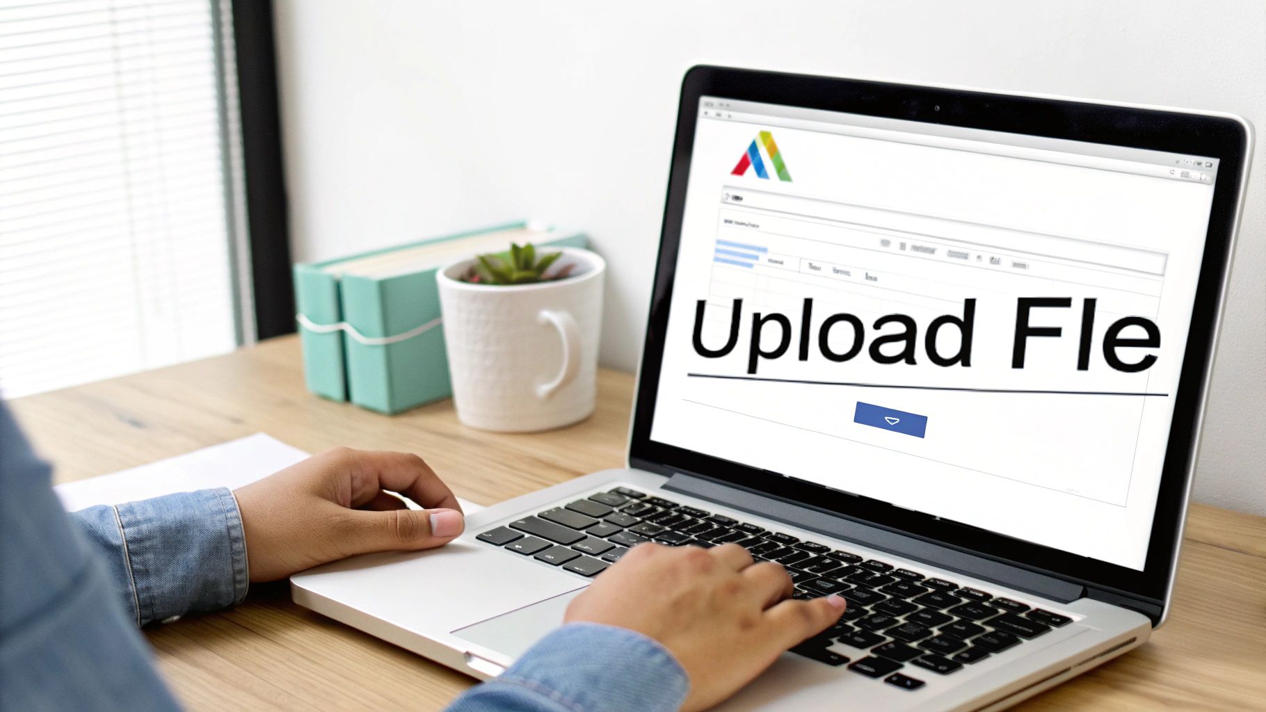 A person is typing on a silver laptop, viewing a web page that says "Upload File" on the screen.