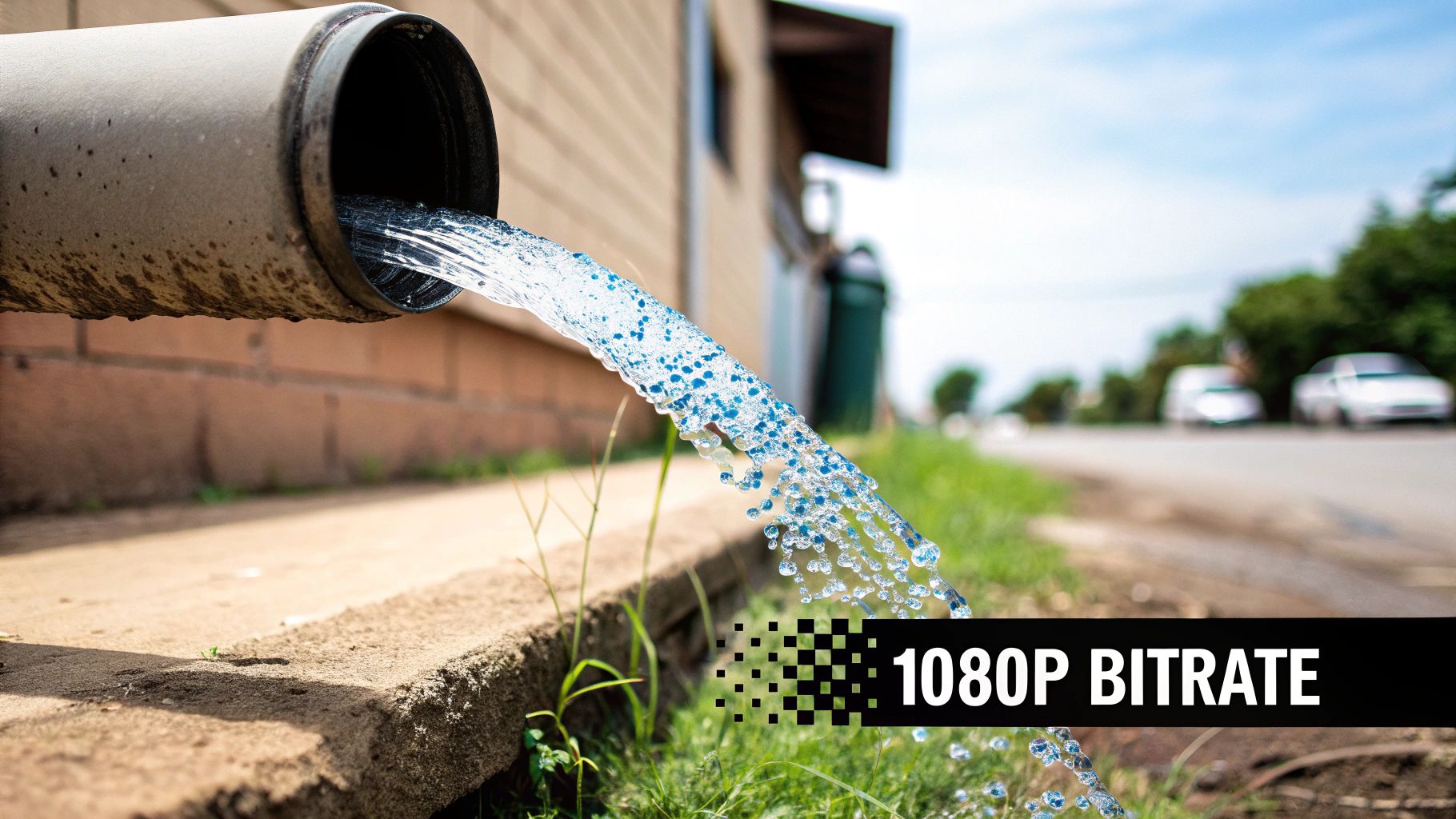 Water gushing from a pipe onto grass, next to a sidewalk, with '1080P BITRATE' text overlay.