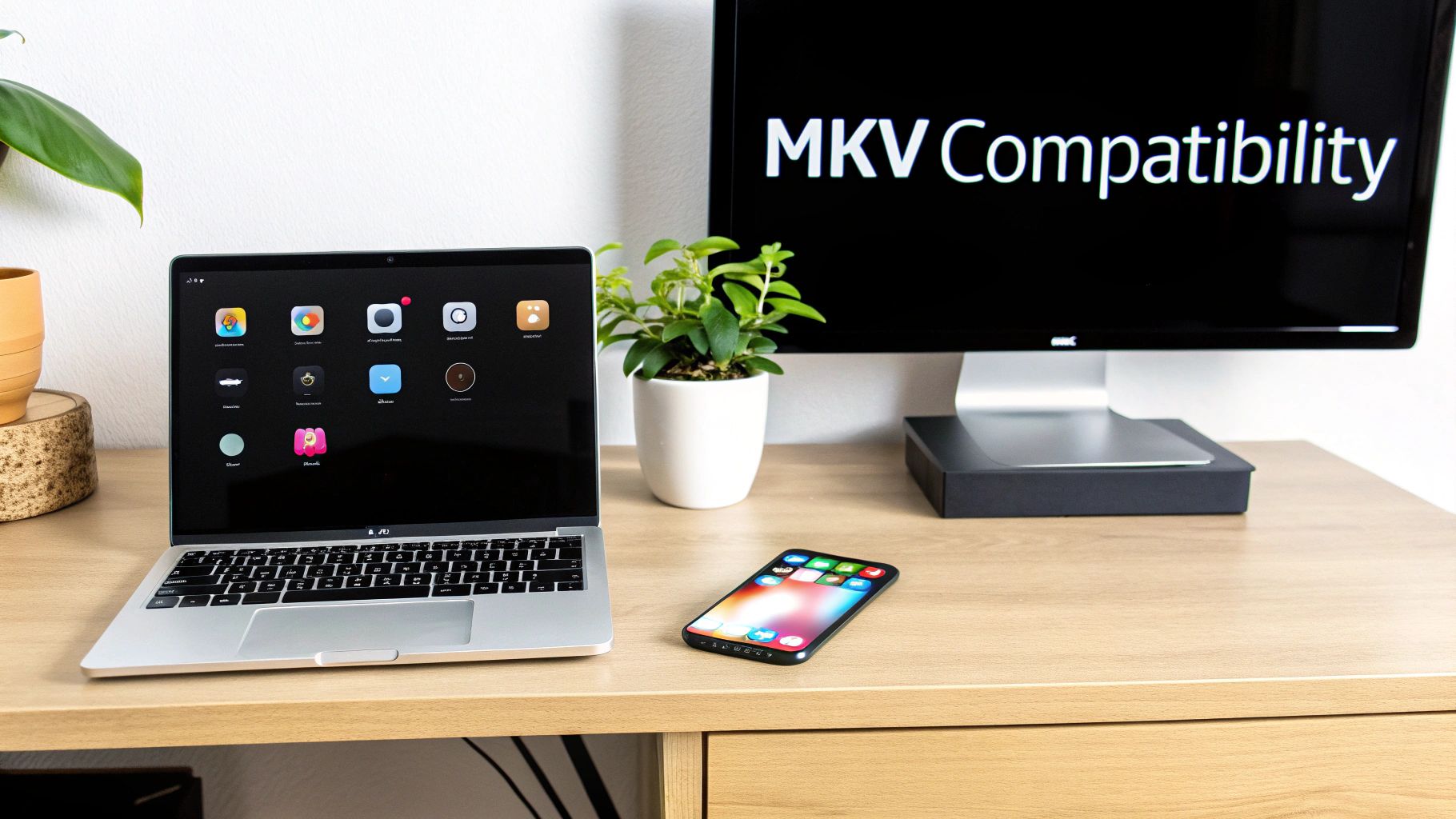 A professional desk setup featuring a laptop, a monitor displaying 'MKV Compatibility', and a smartphone.