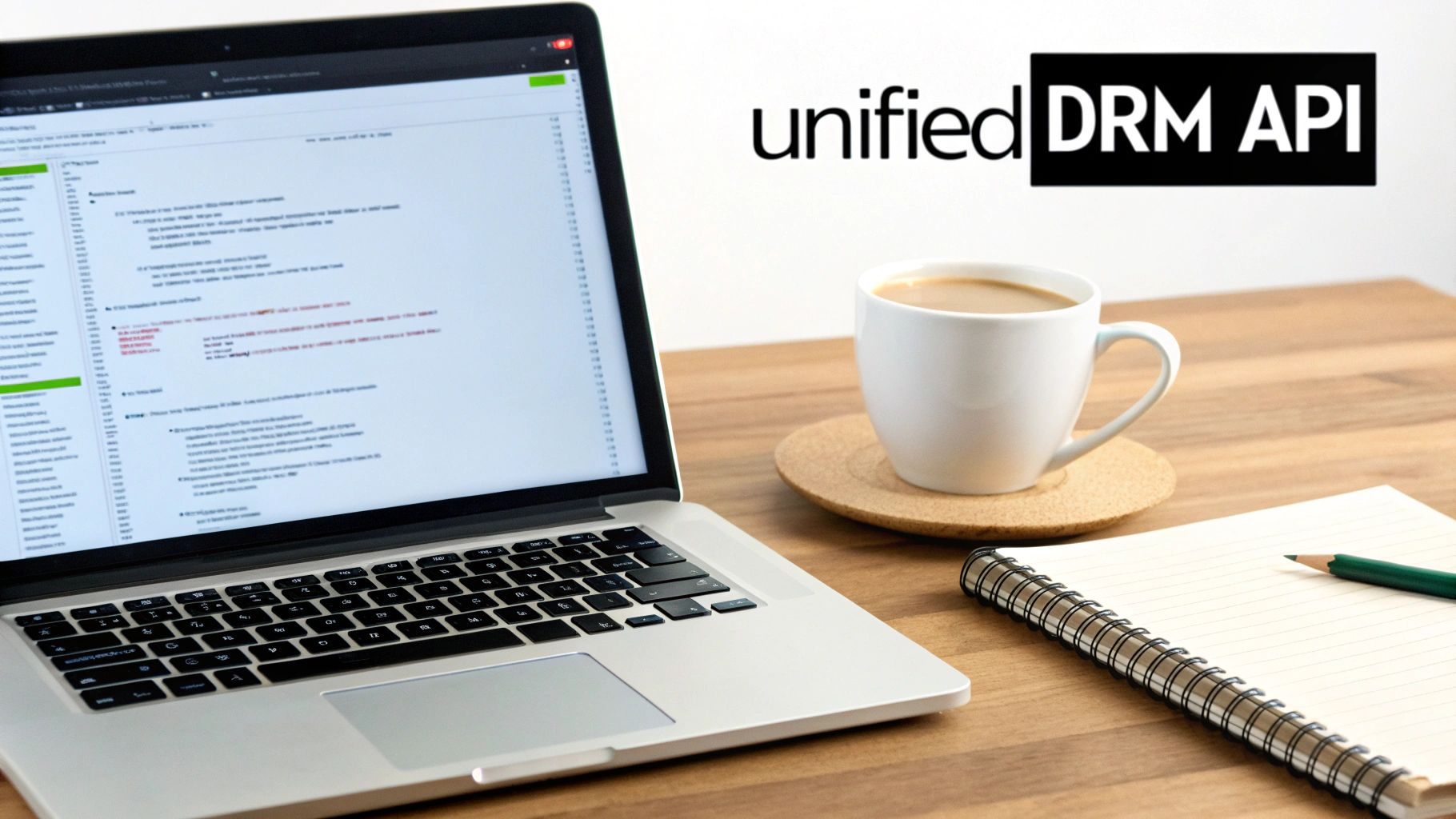 A laptop displaying code on a desk with a coffee cup, notebook, and 'unified DRM API' text.