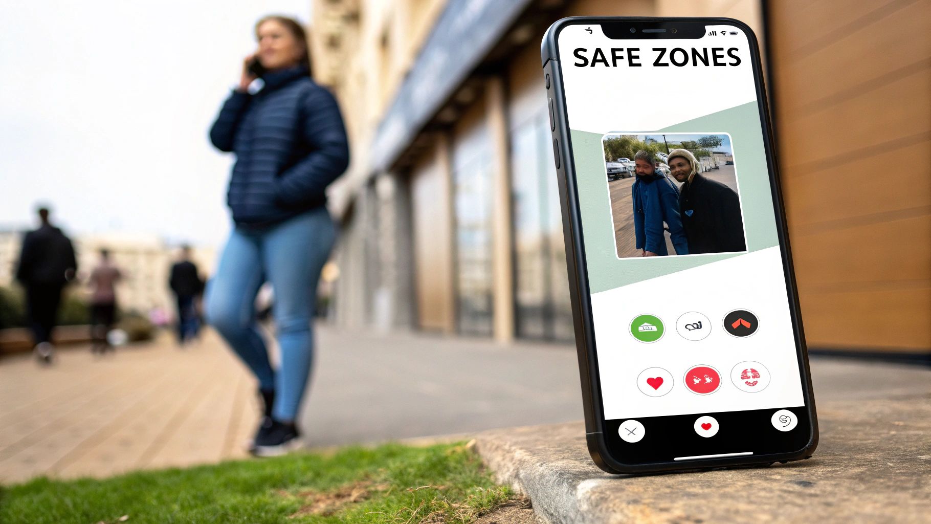A smartphone displaying a 'SAFE ZONES' app with two men's photo, placed on a curb with blurred people in the background.