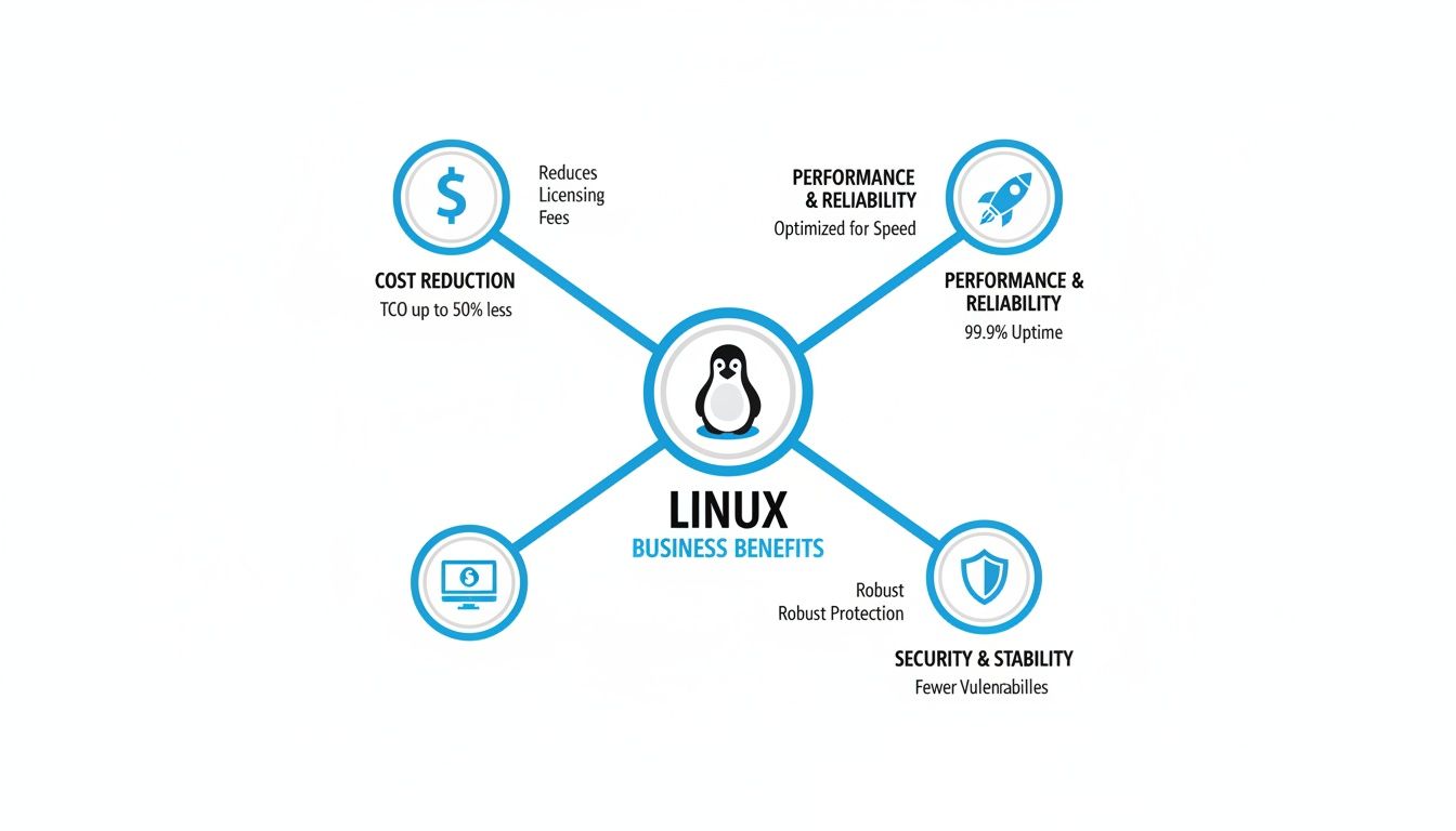 Infographic detailing Linux business benefits, including cost reduction, performance, reliability, and security.
