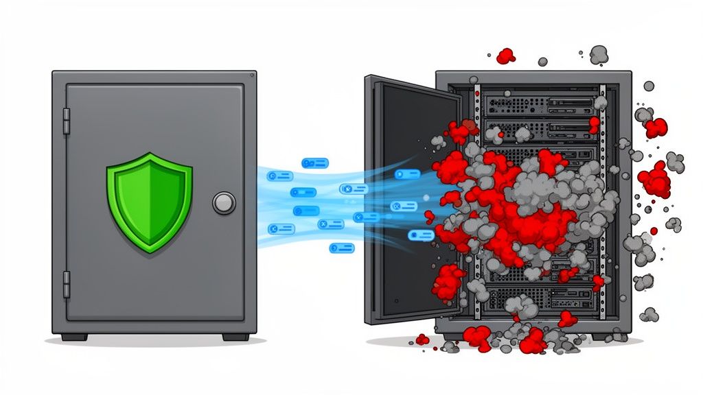 A green shield-emblazoned safe directs protective data flow towards a server rack amidst a DDoS attack.