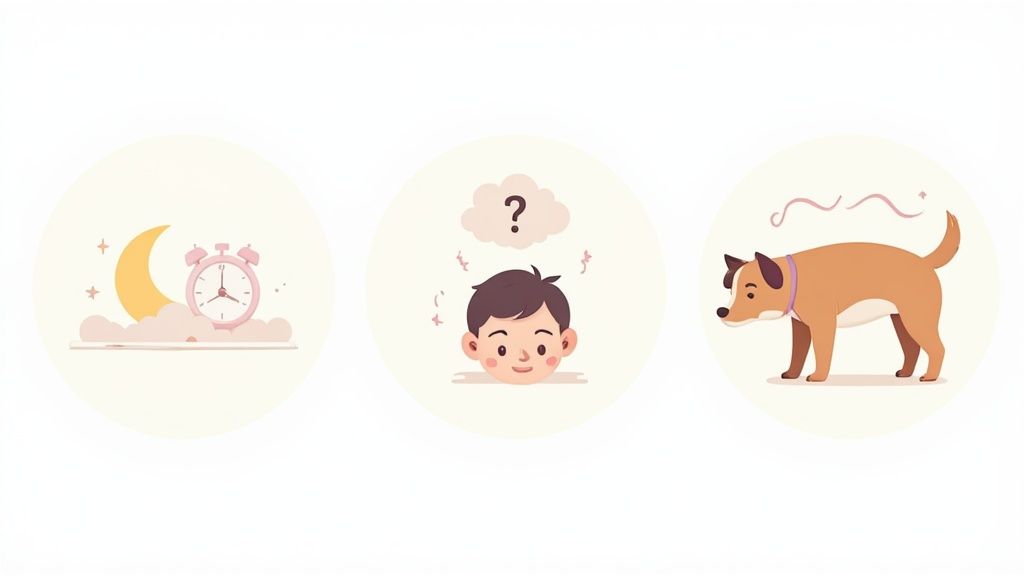 A senior dog with a gentle expression looking up at its owner.