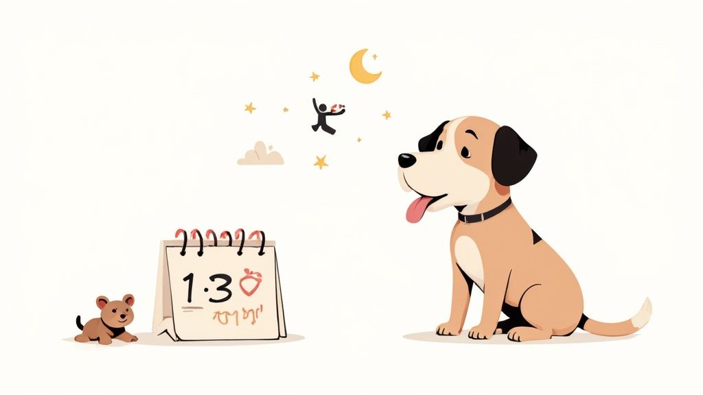 A person's hand holding a chewable supplement out to an eager senior dog.