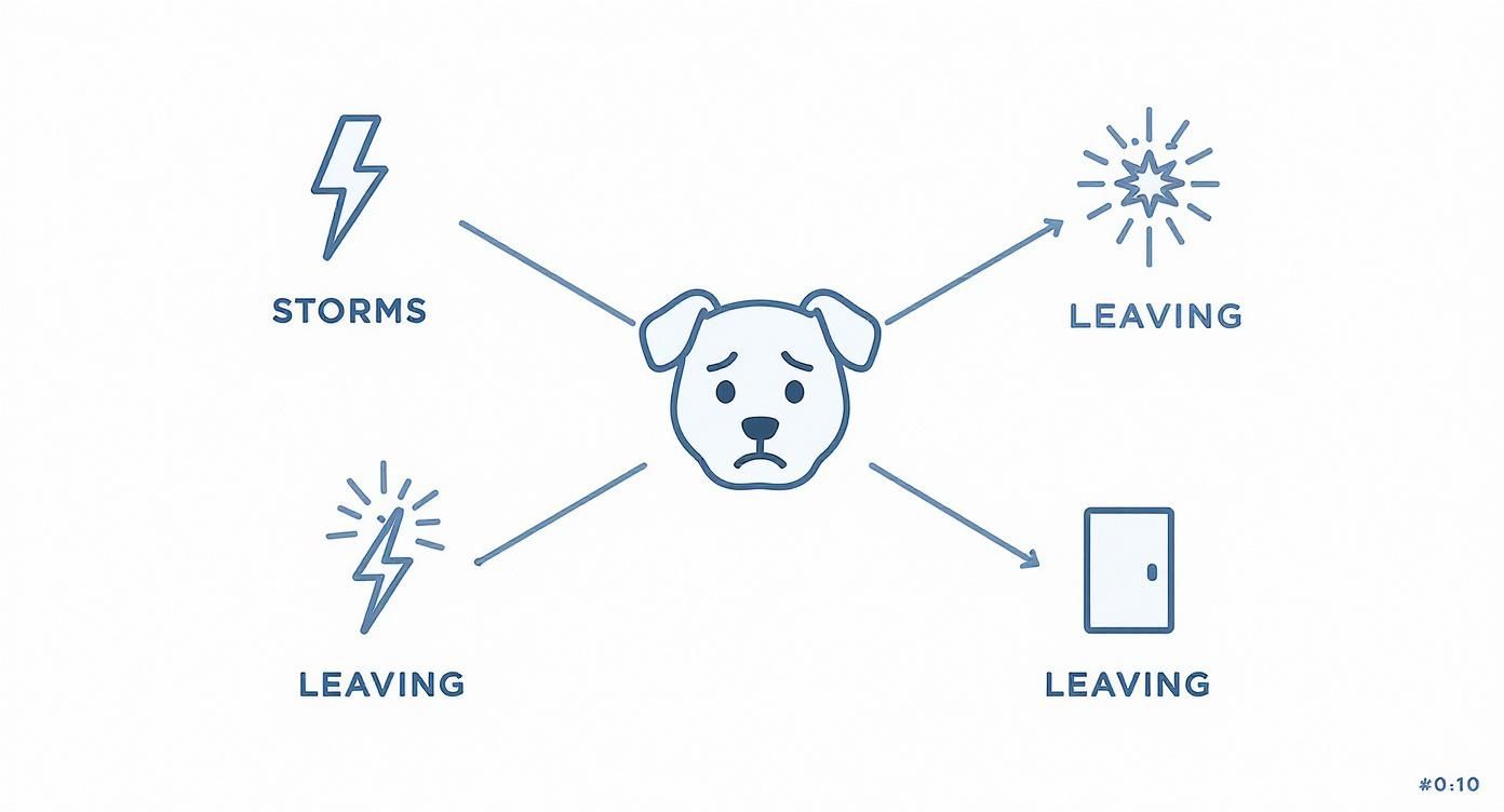 Sad dog illustration showing anxiety triggers including storms, fireworks, and owner leaving home