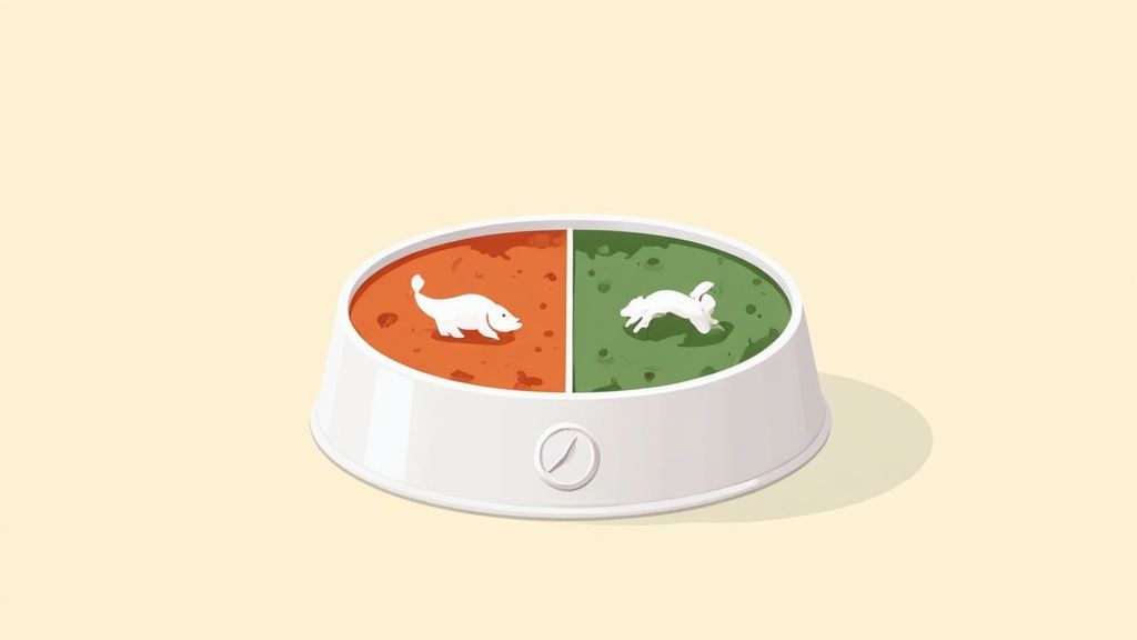 A golden retriever dog looking at a bowl of food and supplements.