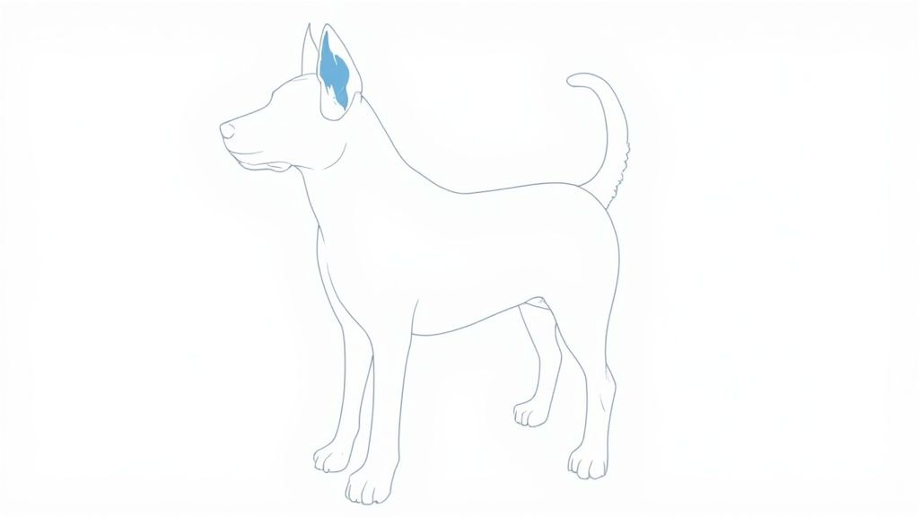 An older, worried-looking dog with a tilted head, lying on a soft bed.