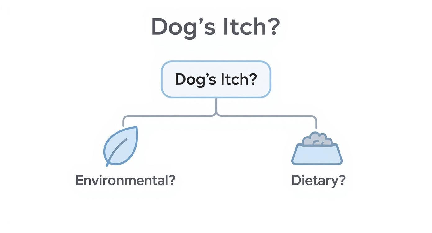 Diagram showing two main causes of dog's itch: environmental allergens and dietary factors