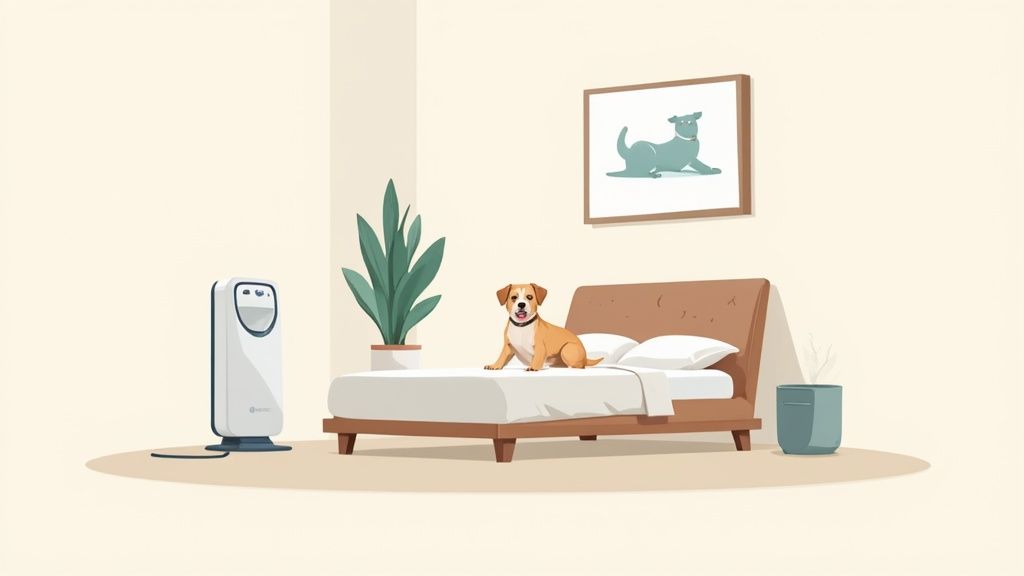 Dog sitting on bed in cozy bedroom with air purifier for allergy relief