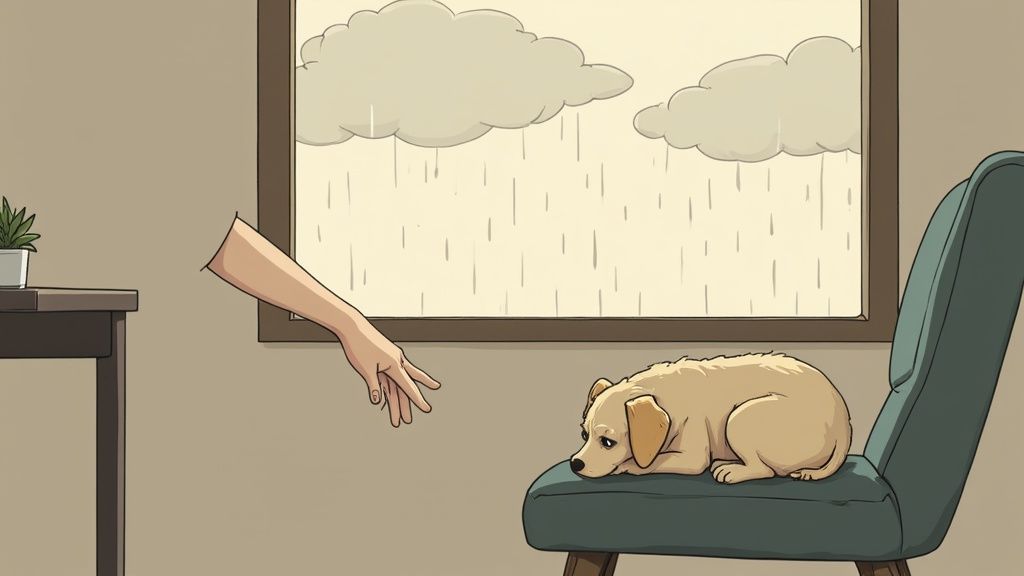 A sad-looking dog rests its head on a person's lap, looking up with anxious eyes.