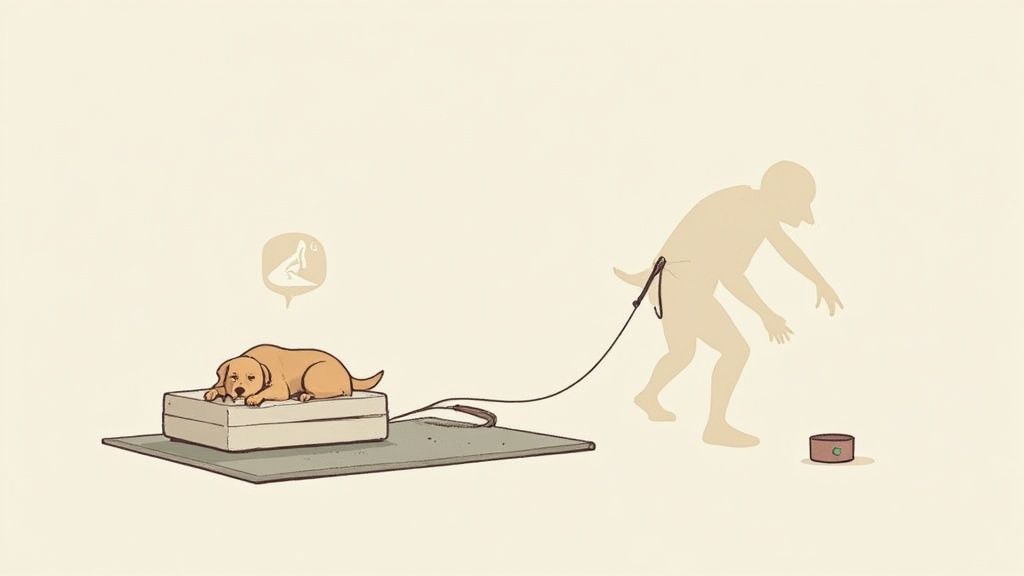 A person gently massaging their senior dog's leg in a comfortable home setting.