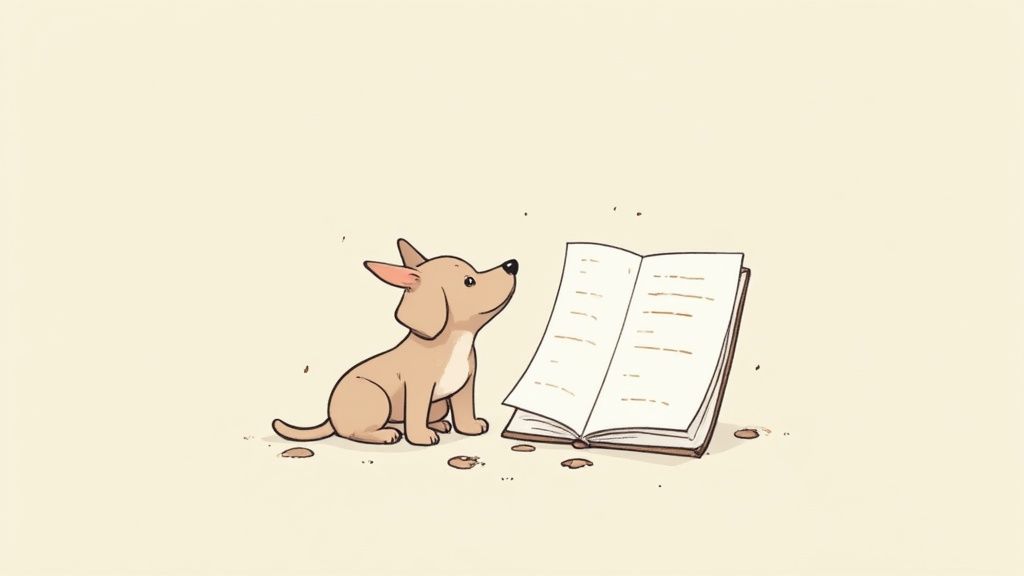 A person's hand holding a dog's paw with a journal and pen in the background.