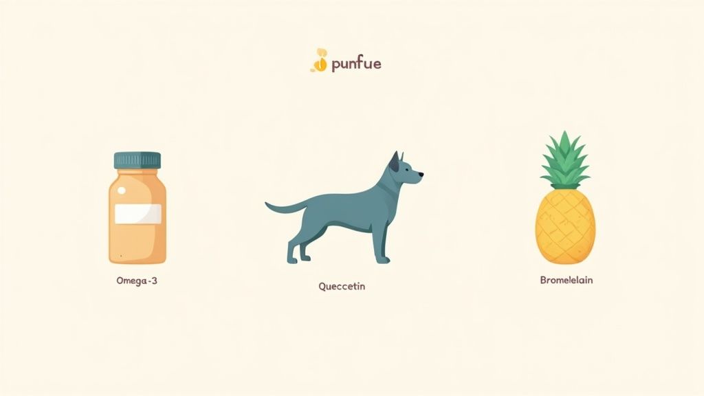Natural dog allergy remedies including omega-3 supplement, quercetin ingredient, and bromelain from pineapple
