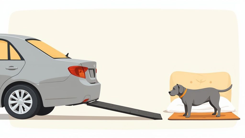 A senior dog is walking on a path in a park with its owner.