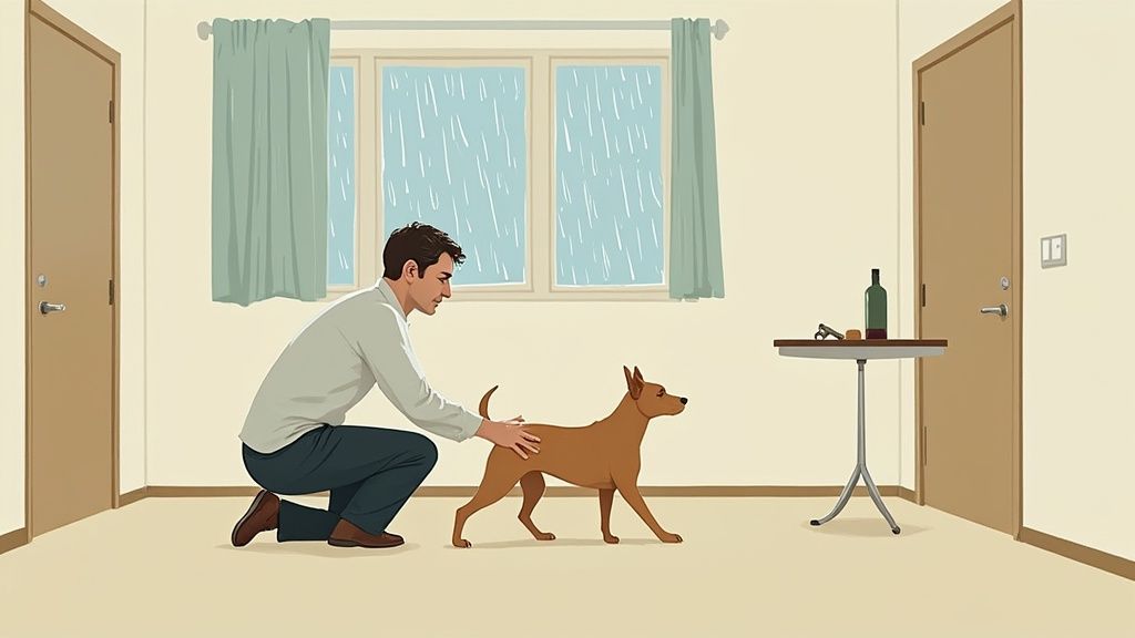 A worried-looking dog resting its head on a person's lap.