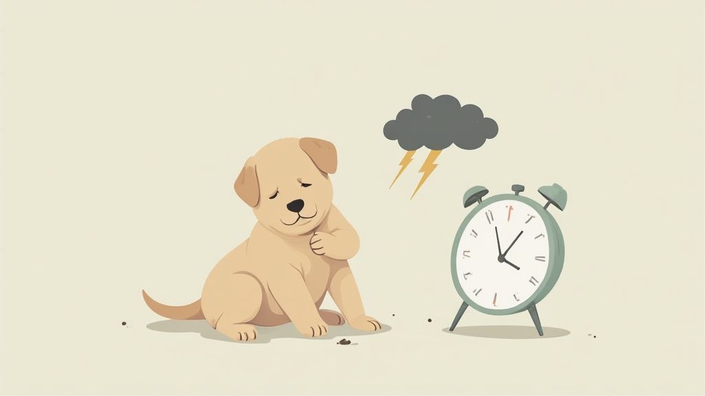 Anxious dog scratching himself next to alarm clock with storm cloud symbolizing anxiety