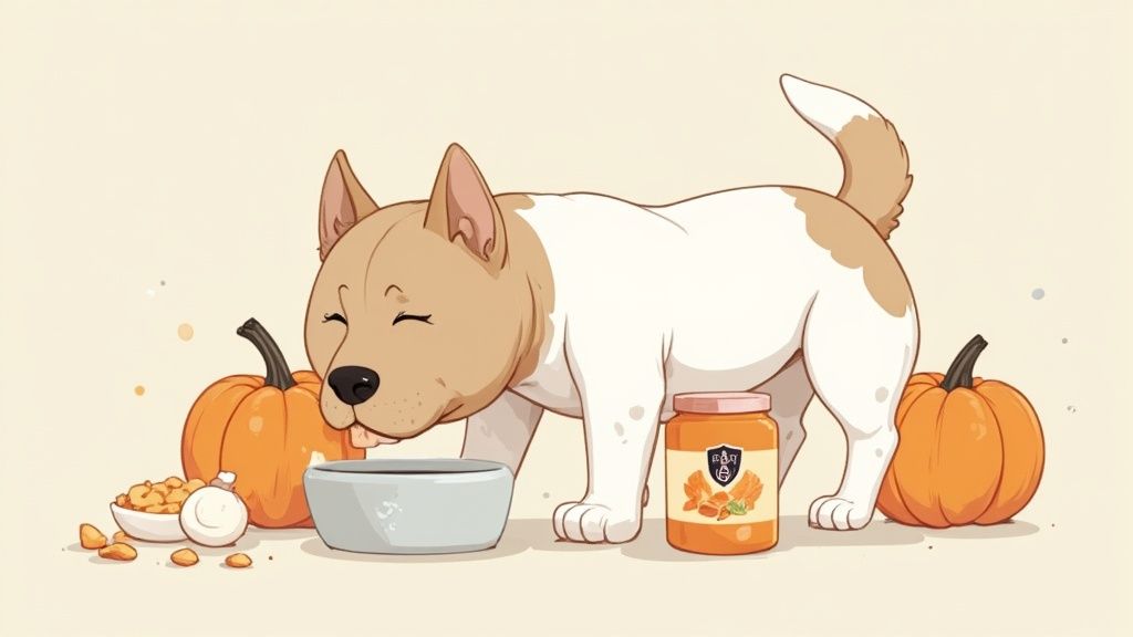 A senior dog looking healthy and happy, sitting in a sunny kitchen.