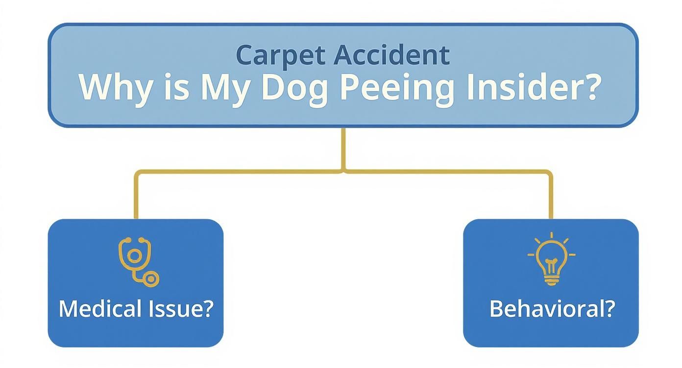 Flowchart diagram showing two main causes of indoor dog urination: medical issues and behavioral problems