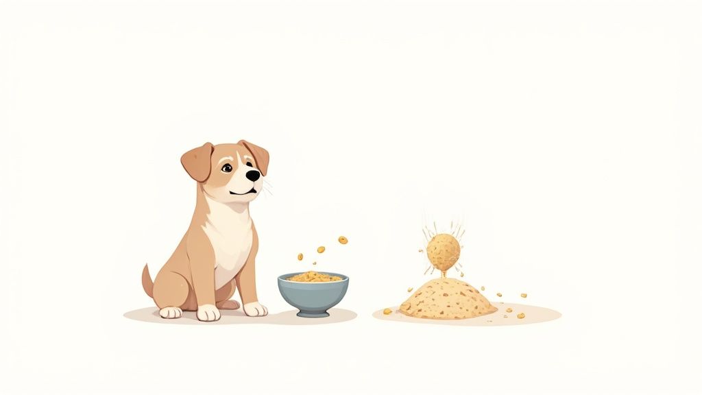 A bowl of wheat germ next to a happy senior dog.