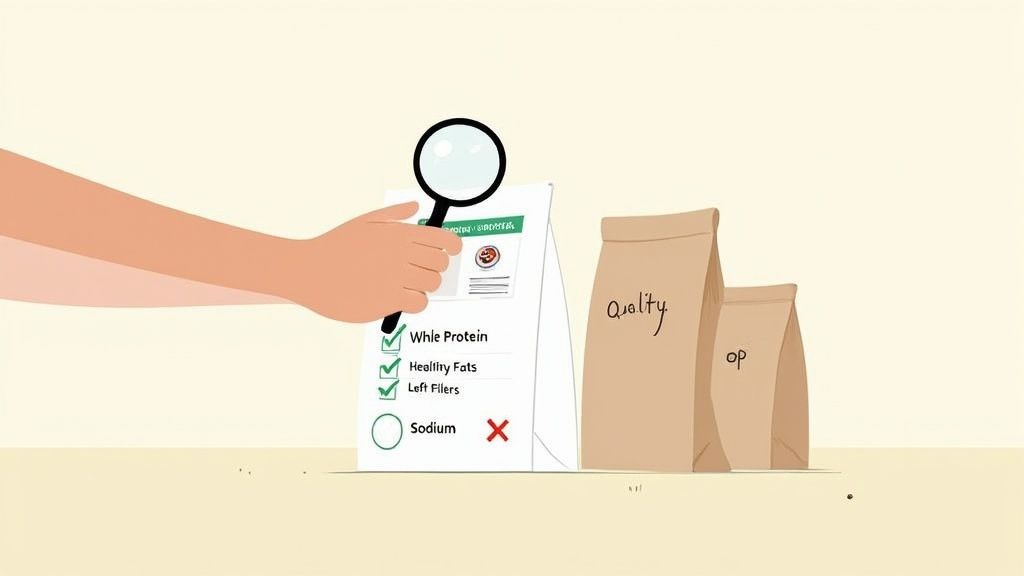 A senior dog looking at a bowl of food thoughtfully.