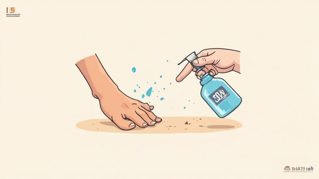 A person gently spraying a dog's paw with a clear liquid.