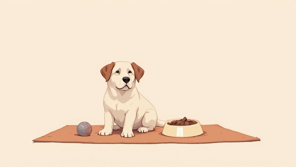 A sad-looking dog rests its head on a person's lap for comfort.