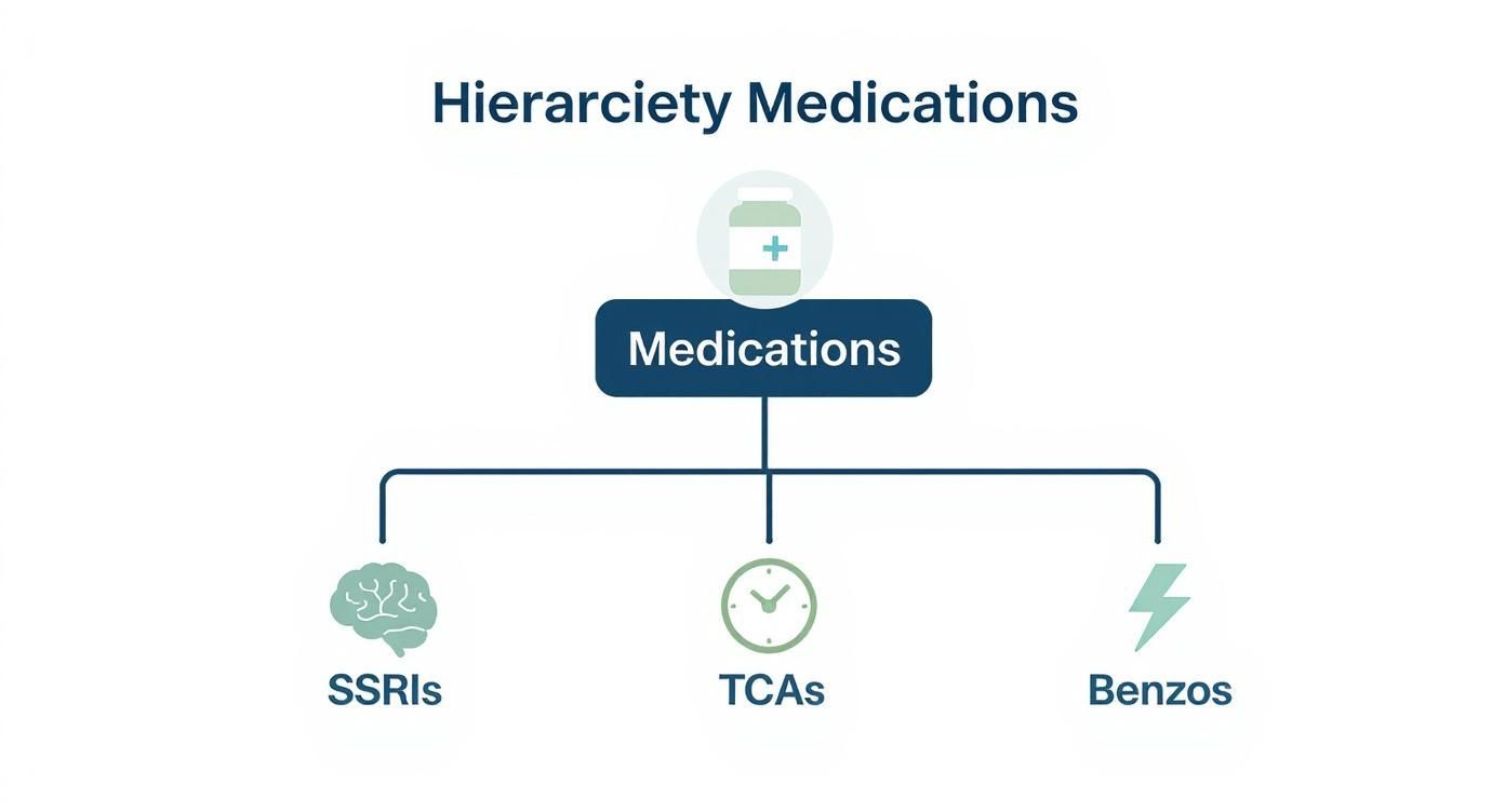 Infographic about canine anxiety drugs showing three main categories: SSRIs, TCAs, and Benzodiazepines.