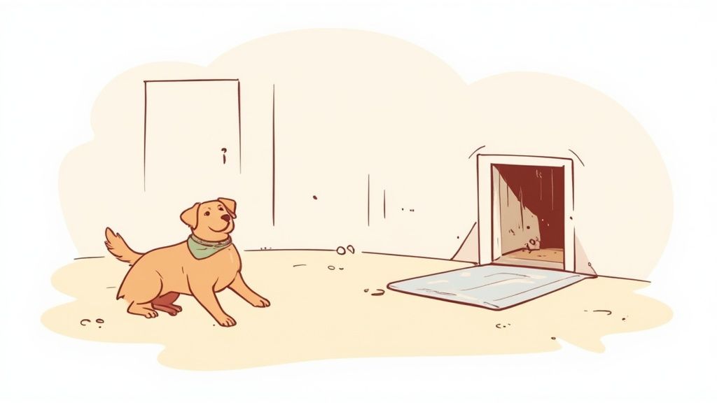 Happy golden retriever dog sitting indoors near doggy door with muddy paw prints on floor