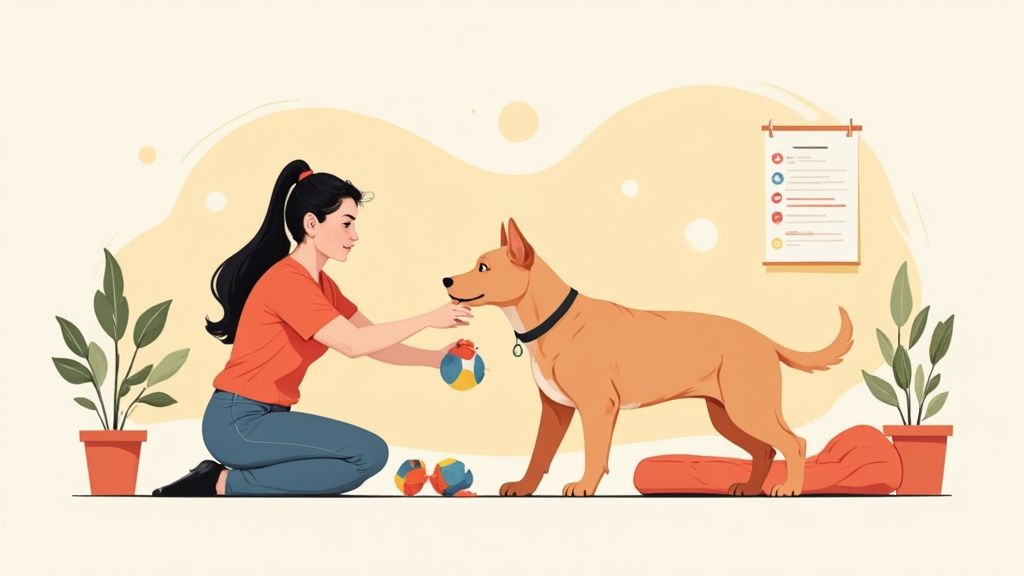 A person and a dog sitting on a couch, looking at each other closely, representing their bond.