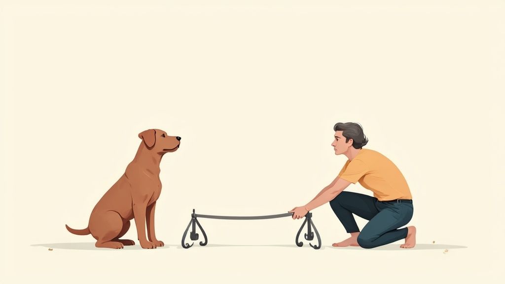 A happy senior dog with its owner in a sunny park