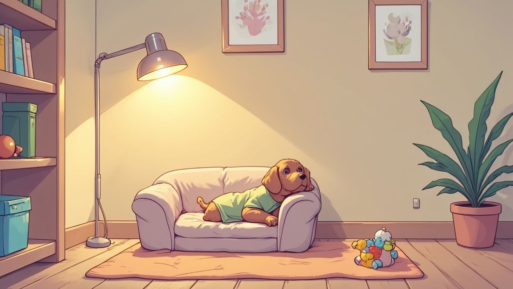 A person's hand gently petting a calm, senior dog lying on a cozy rug.