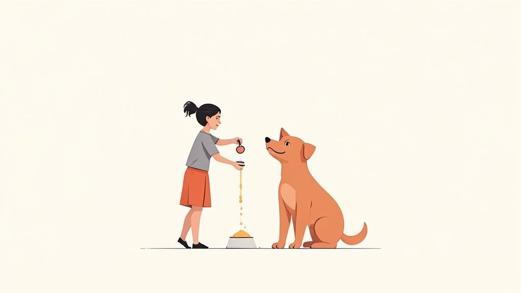 A person's hand mixing a powdered supplement into a dog's food bowl.