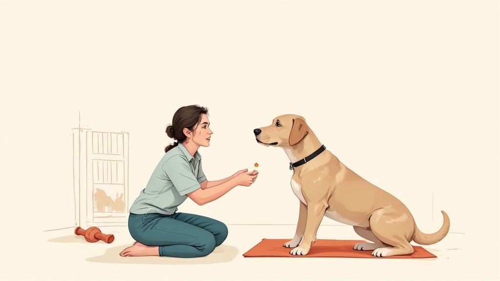 A person gently training a dog in an outdoor setting, reinforcing a calm and focused behavior.