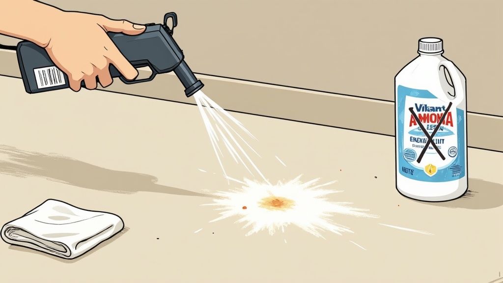 Hand holding spray bottle cleaning pet stain on floor with enzymatic cleaner solution