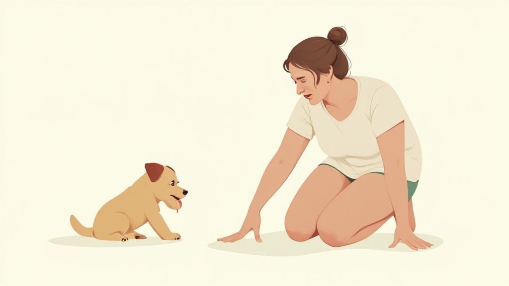 Woman sitting on floor gently interacting with small puppy during training session