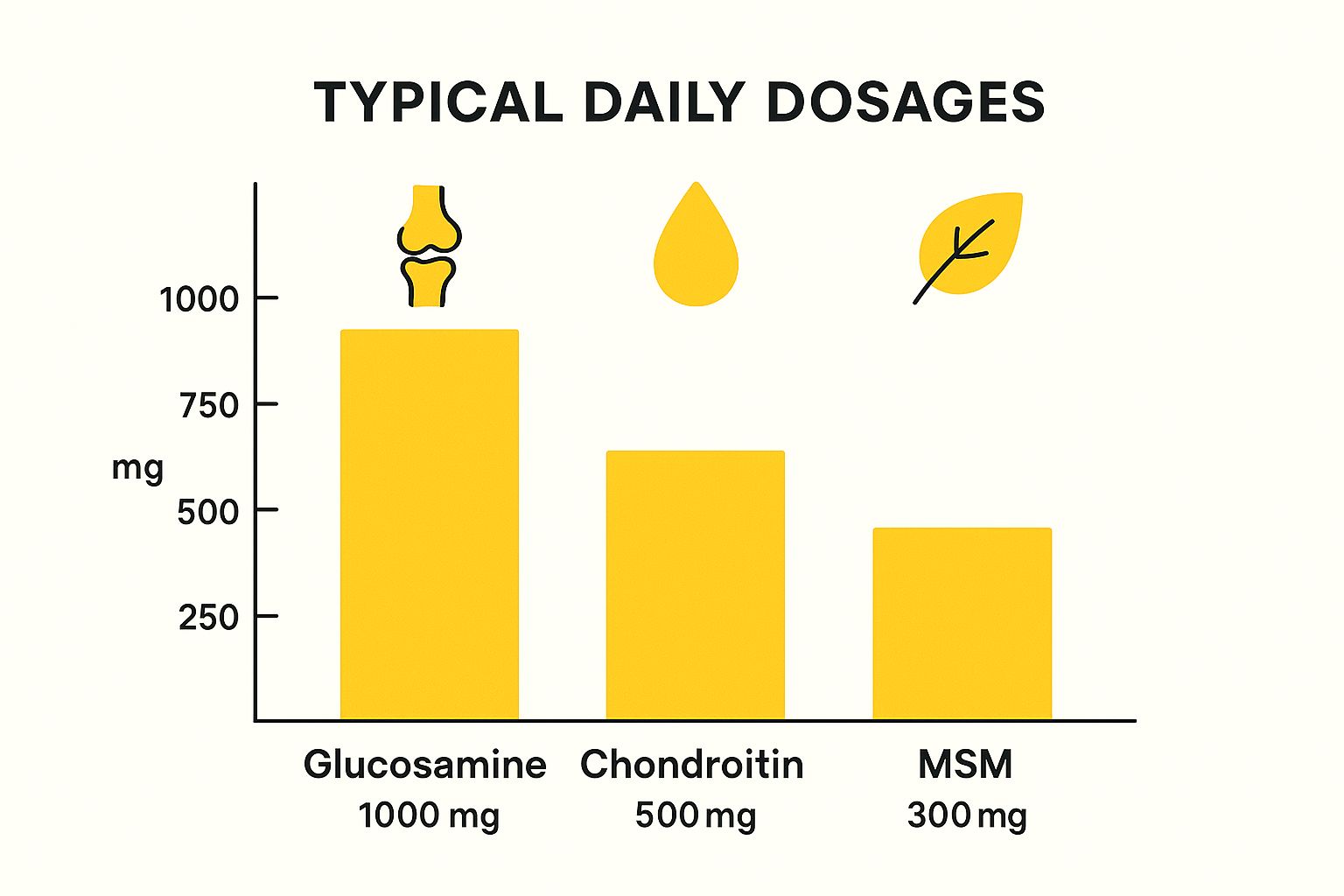 Infographic showing typical daily dosages for Glucosamine, Chondroitin, and MSM with icons representing cartilage, lubrication, and comfort.