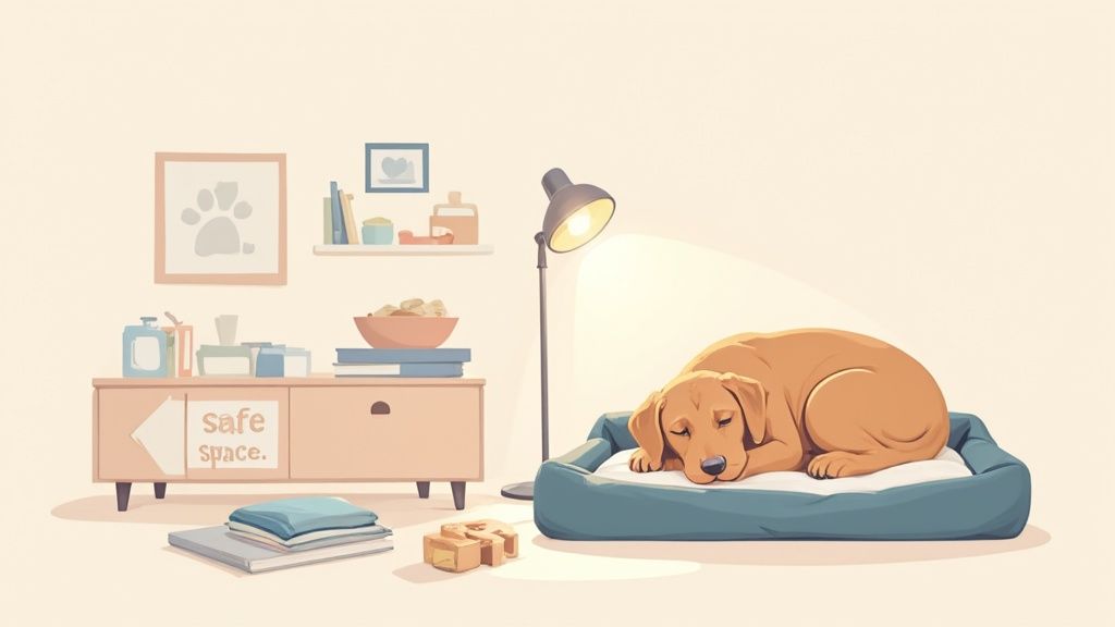 A cozy dog bed with blankets and toys in a quiet corner of a room, creating a safe space.