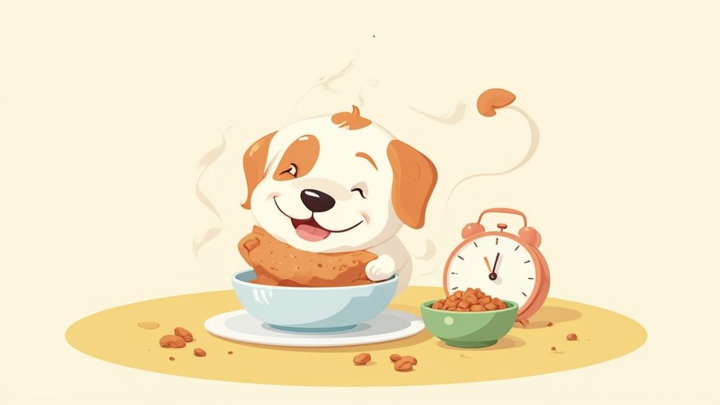 A senior dog eating comfortably from a raised bowl.