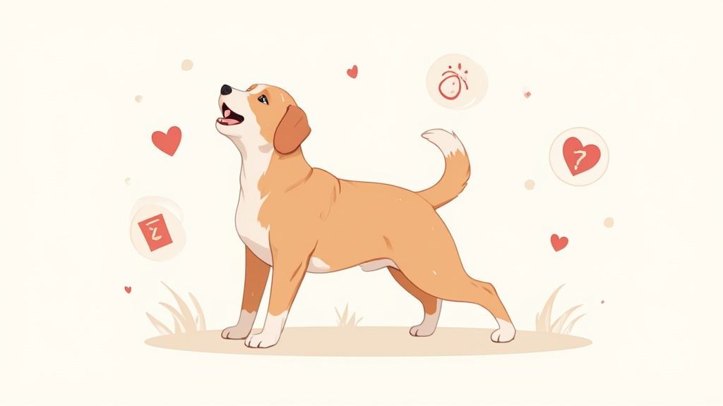 A happy senior dog with a shiny, healthy coat lies in the grass.