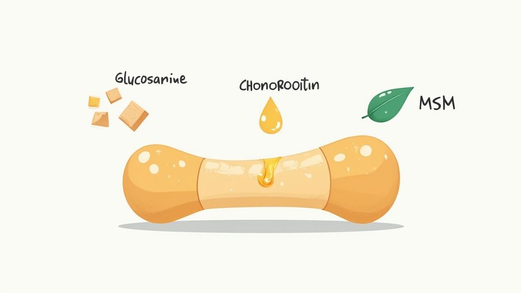 An older dog looking up from a bowl of Cosequin supplements