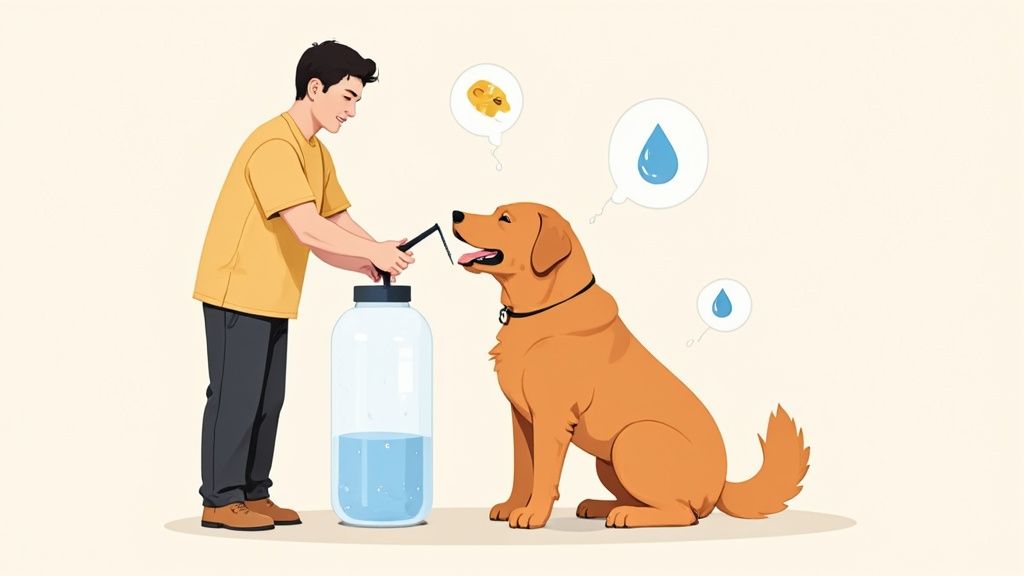 A person gently brushing their happy dog's back