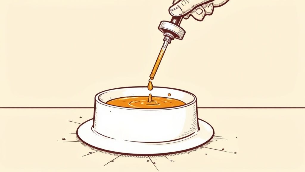 A person's hand holding a spoon with salmon oil, ready to add it to a dog's food bowl.