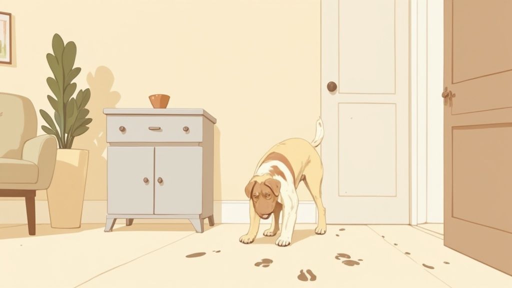 A senior golden retriever looking thoughtfully into the distance, sitting in a sunny living room.