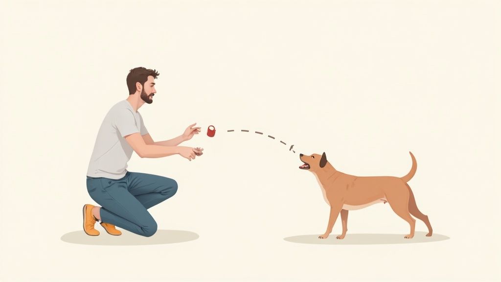 A veterinarian gently examines a calm dog on an examination table, with the owner looking on caringly.
